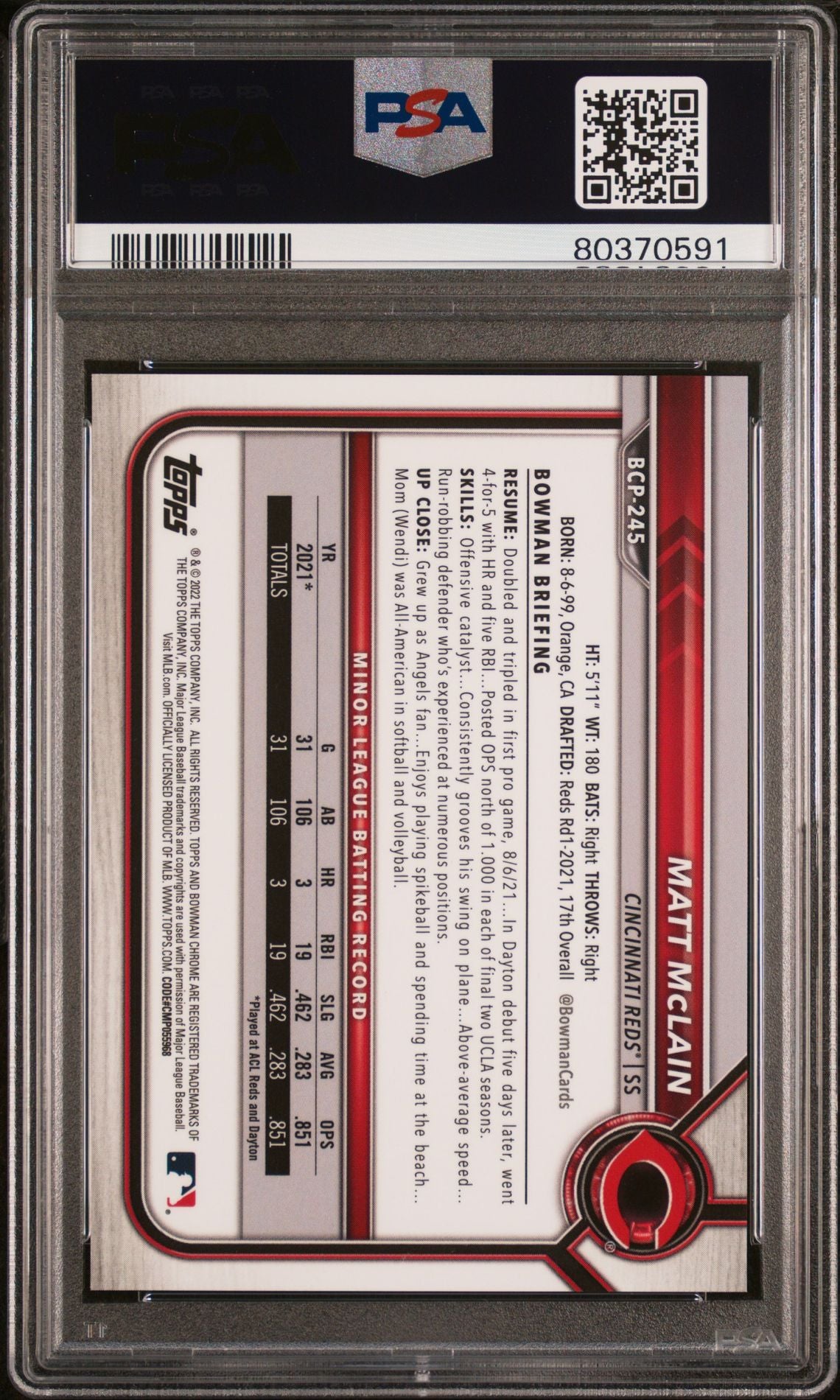 Matt McLain 2022 1st Bowman Chrome X Orange X-Fractor #'d 5/5 PSA 10