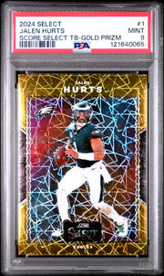 Jalen Hurts 2024 Select Score Select Throwback Gold Prizm #'d 04/10 PSA 9