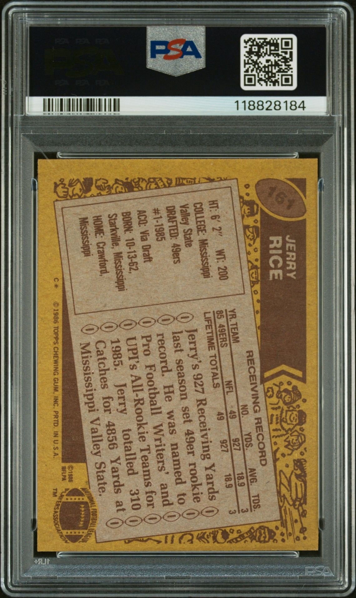 Jerry Rice 1986 Topps #161 Rookie Card IP Autograph PSA Authentic
