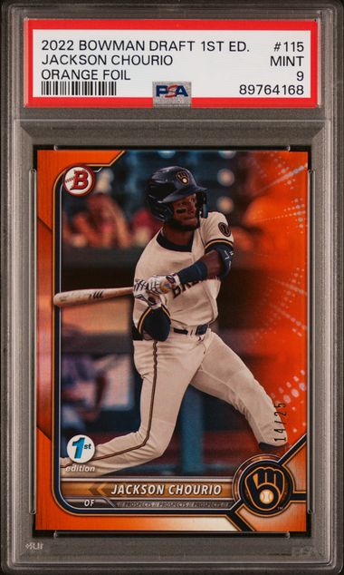 Jackson Chourio 2022 Bowman Draft 1st Edition orange foil #'d 14/25 PSA 9