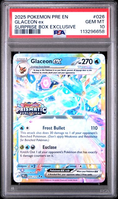 Glaceon ex 2025 Pokemon Prismatic Evolution Surprise Box Exclusive #026/131 PSA 10