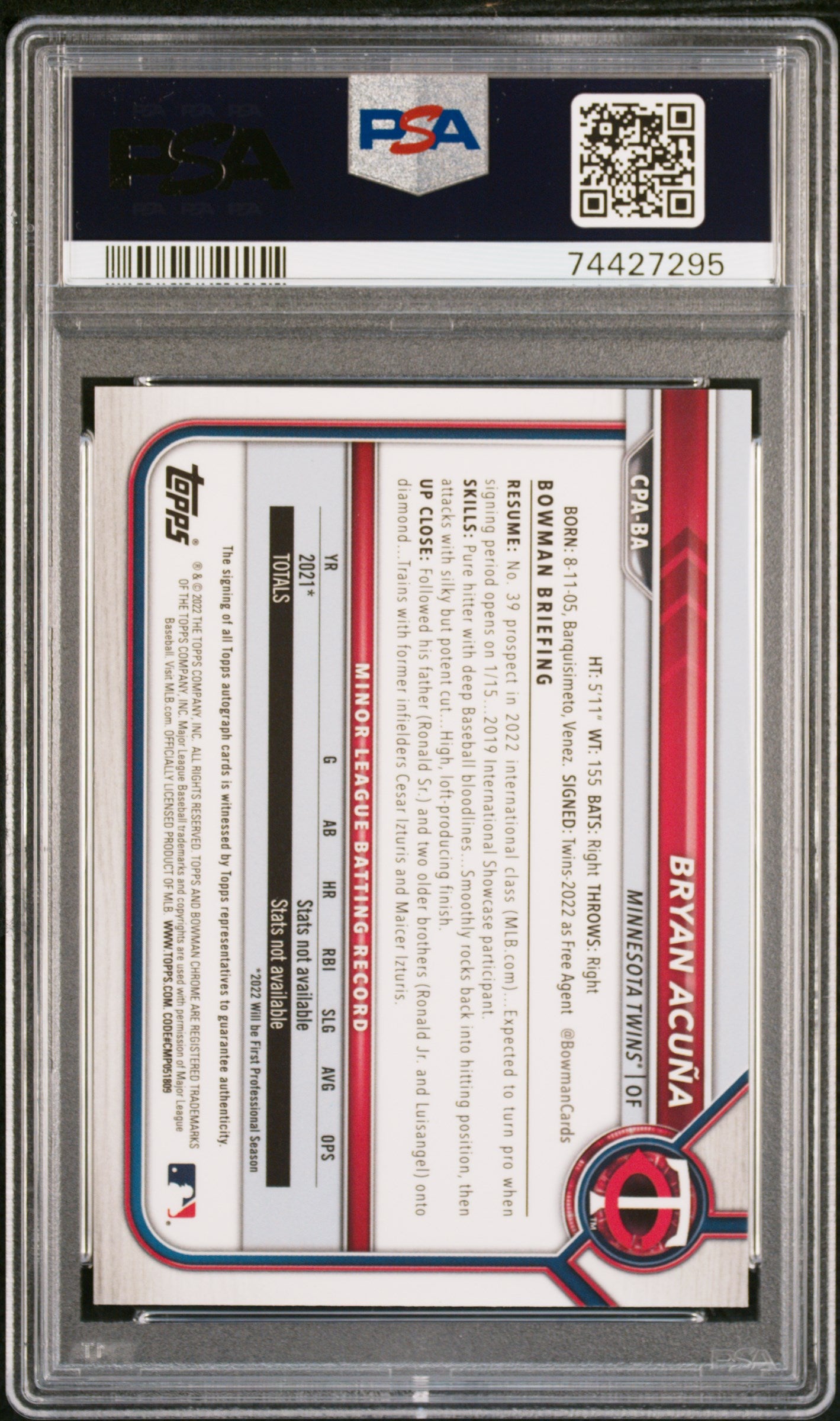 Bryan Acuna 2022 Bowman Chrome 1st Bowman Atomic Refractor Rookie Auto 001/100 PSA 10