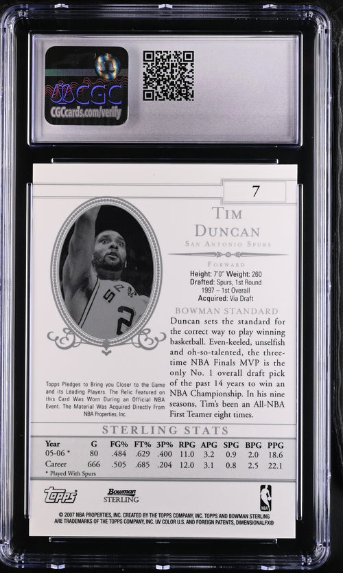 Tim Duncan 2006-07 Bowman Sterling Patch CGC 9.5