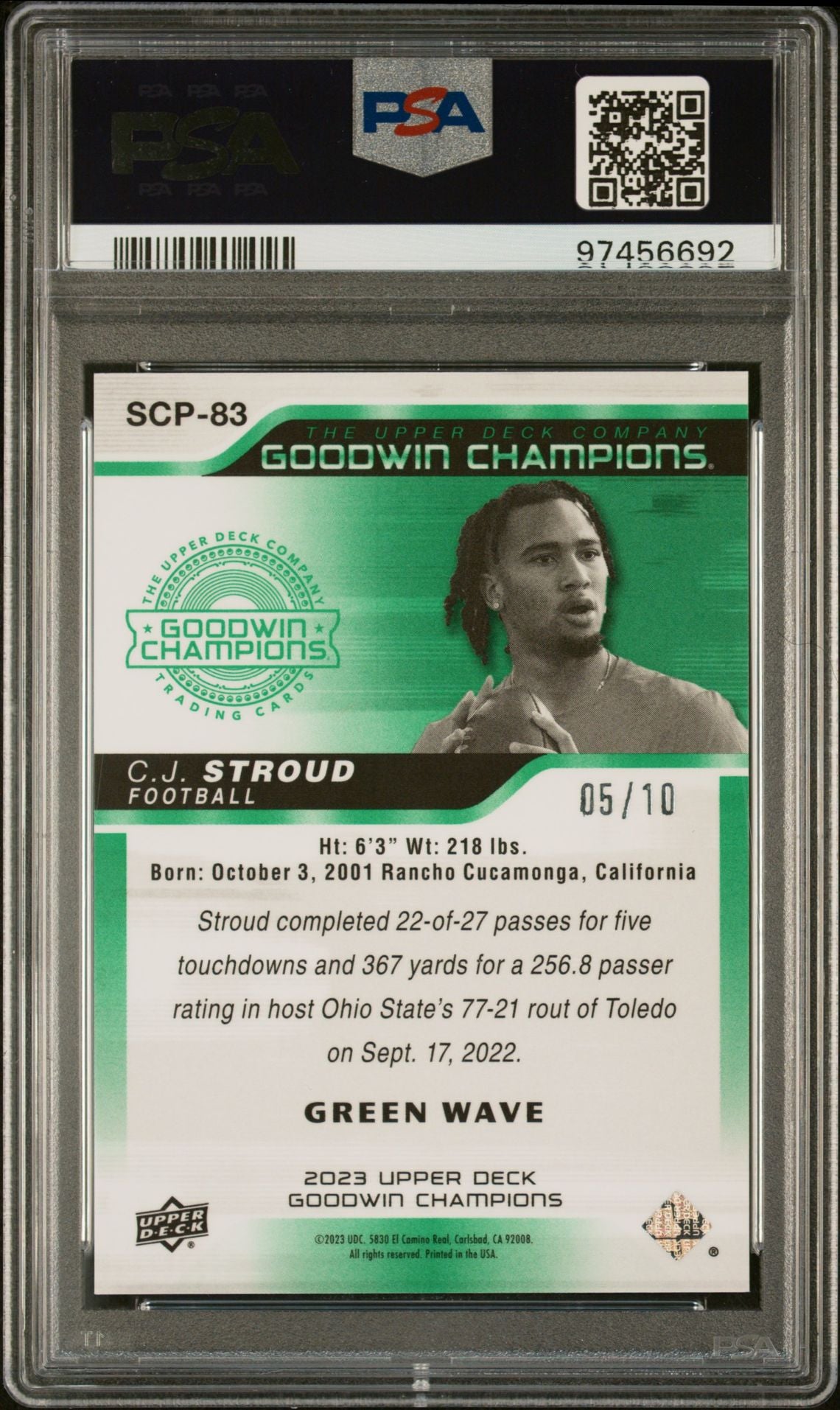 CJ Stroud 2023 Upper Deck Goodwin Champions Splash of Color Green Wave #'d 05/10 PSA 10