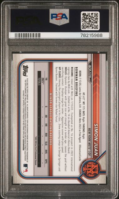 Simon Juan 2022 1st Bowman Chrome X Green X-Fractor #'d 27/31 PSA 10
