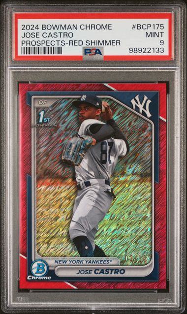 Jose Castro 2024 1st Bowman Chrome red shimmer ref. #'d 03/10 PSA 9