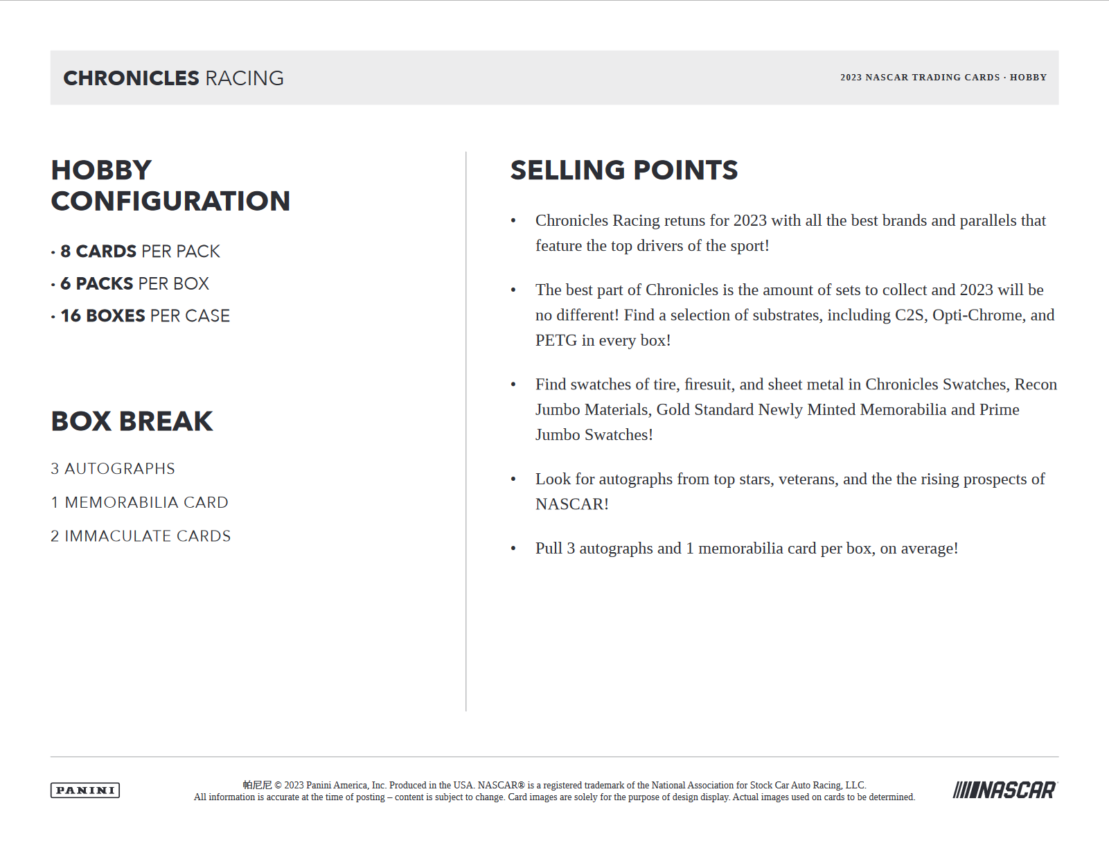2023 Panini Chronicles Racing Hobby 16 Box Case