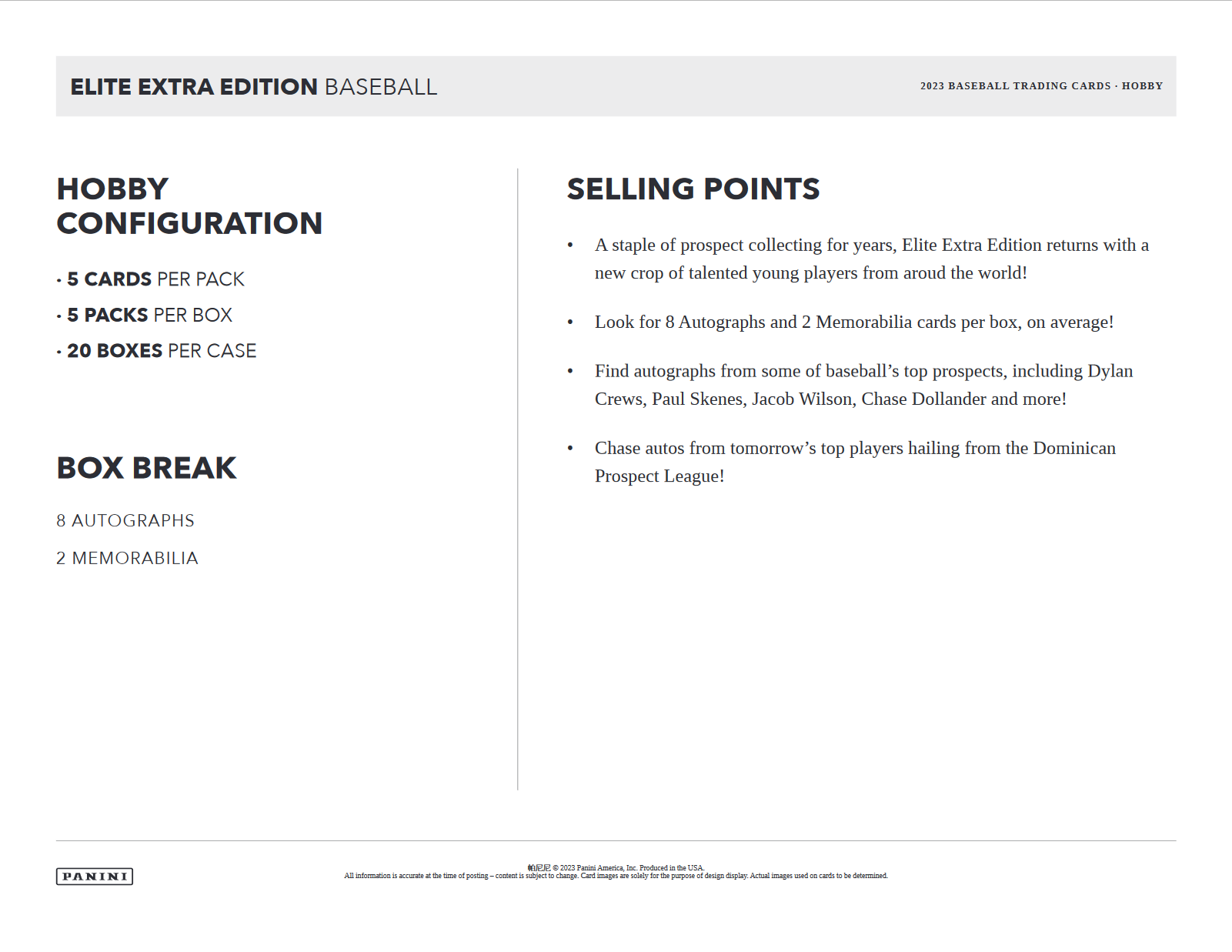 2023 Panini Elite Extra Edition Baseball Hobby 20 Box Case