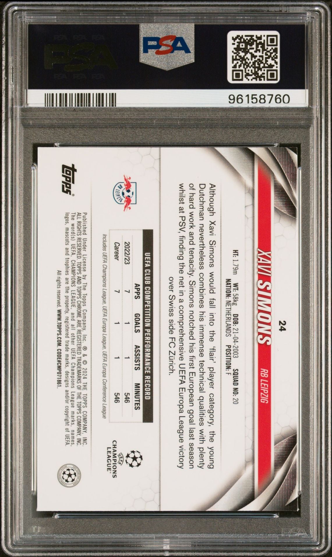Xavi Simons 2023-24 Topps Chrome UEFA color match #'d 42/99 PSA 9