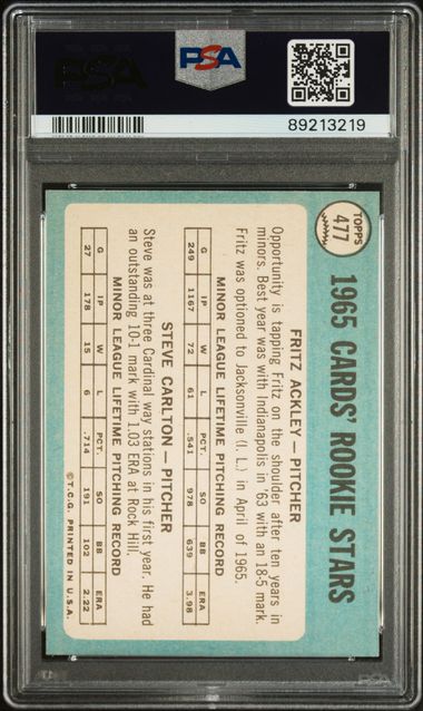 Cardinals Rookies Steve Carlton Fritz Ackley 1965 Topps #477 PSA 7
