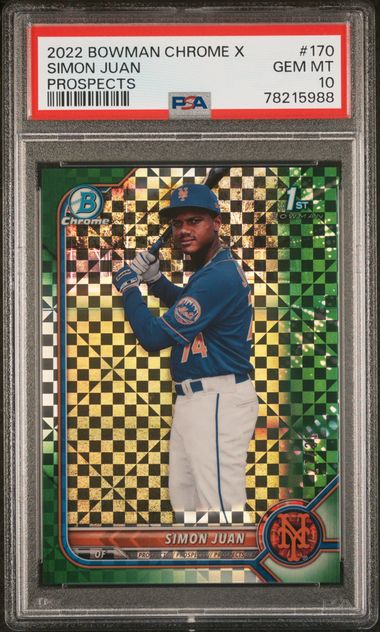 Simon Juan 2022 1st Bowman Chrome X Green X-Fractor #'d 27/31 PSA 10