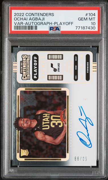 Ochai Agbaji 2022 Panini Contenders Variation Auto Playoff Ticket #'d 50/99 PSA 10