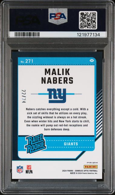 Malik Nabers 2024 Panini Donruss Optic Dragon prizm rookie card #'d 22/24 PSA 9