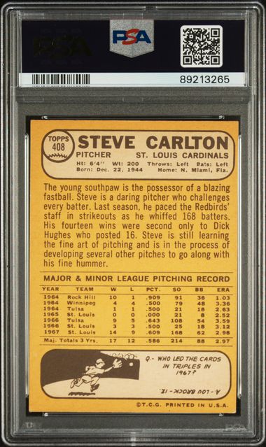 Steve Carlton 1968 Topps #408 PSA 4