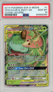 Venusaur & Snivy GX Tag Team 2019 Pokemon Cosmic Eclipse #1/236 PSA 10