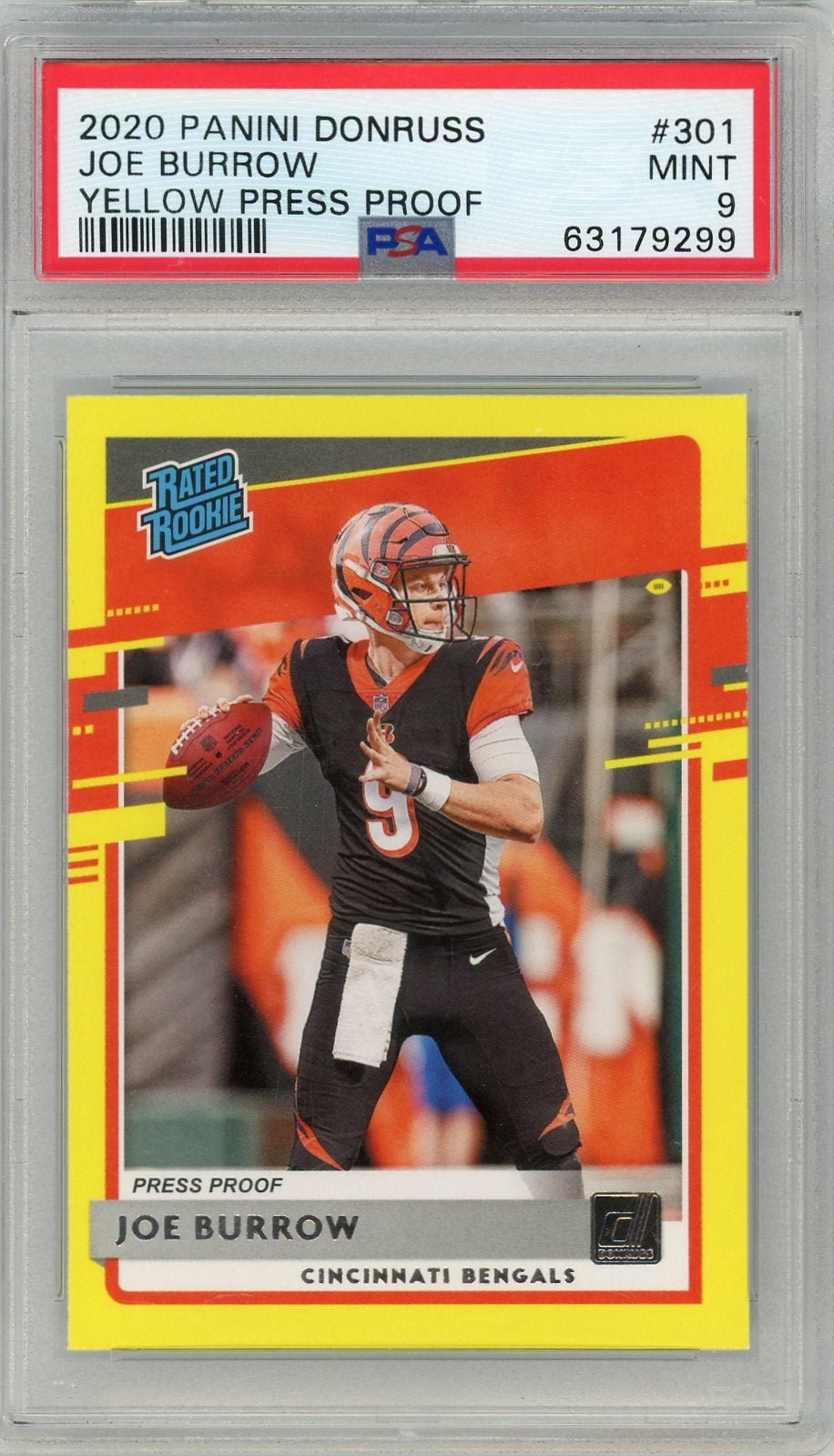 Joe Burrow 2020 Panini Donruss Yellow Press Proof rookie card PSA 9