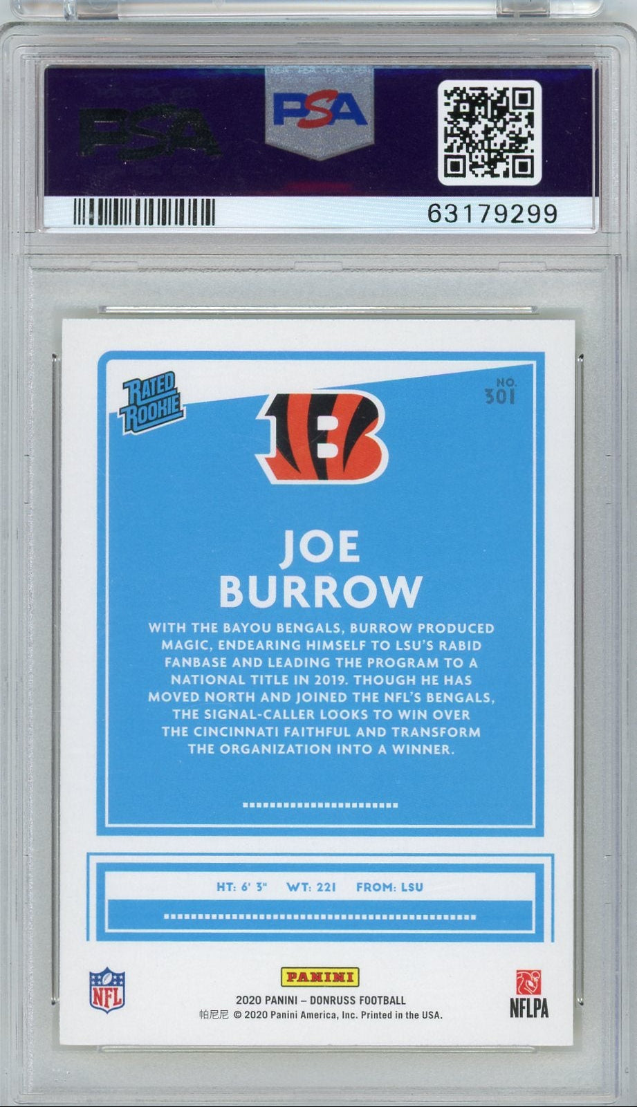 Joe Burrow 2020 Panini Donruss Yellow Press Proof rookie card PSA 9