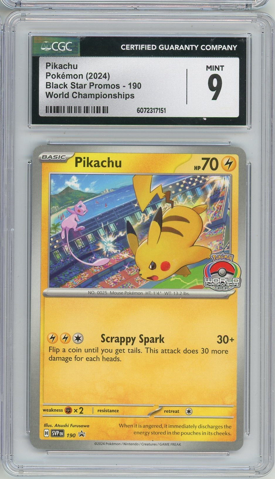Pikachu 2024 Pokemon World Championships Black Star Promo #190 CGC 9