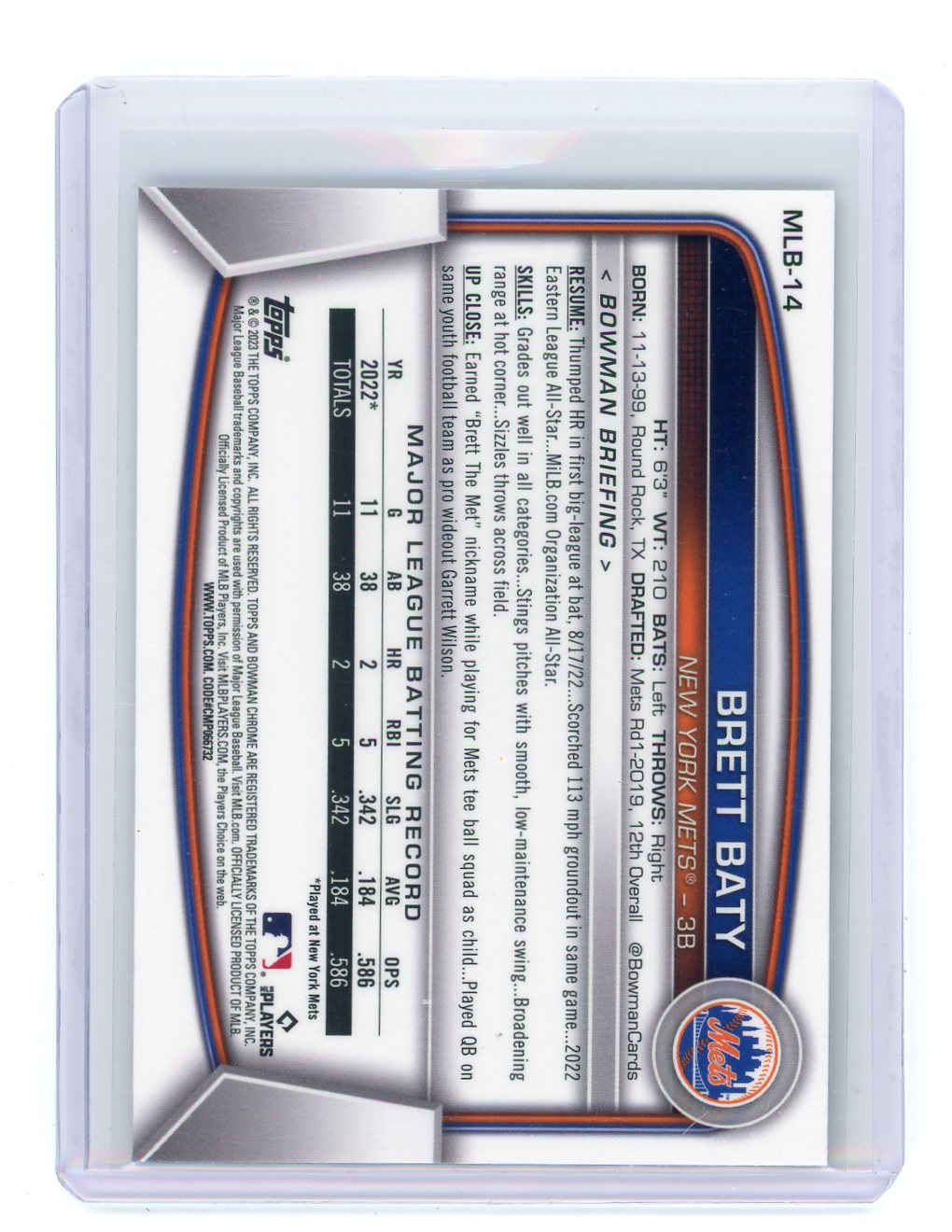 Brett Baty 2023 Bowman Chrome NSCC base rookie card