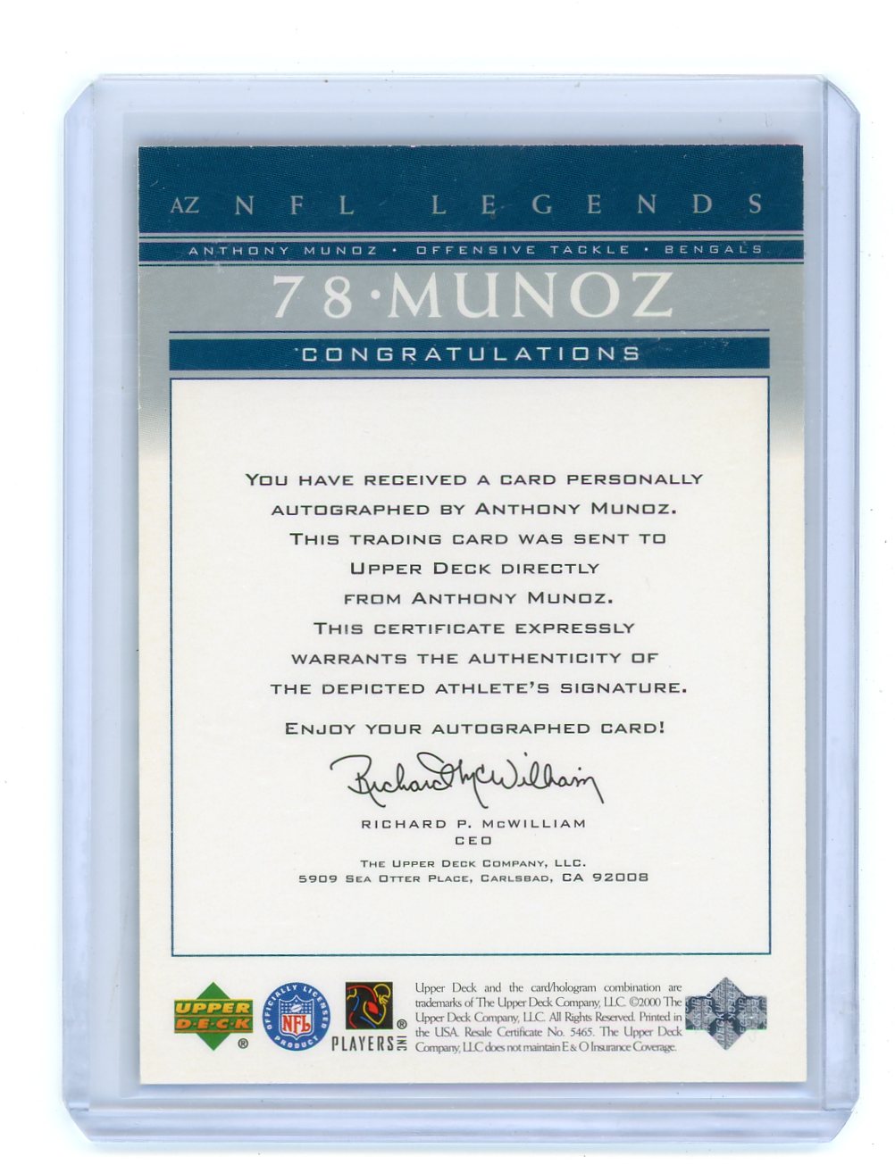 Anthony Munoz 2000 Upper Deck NFL Legends Autograph