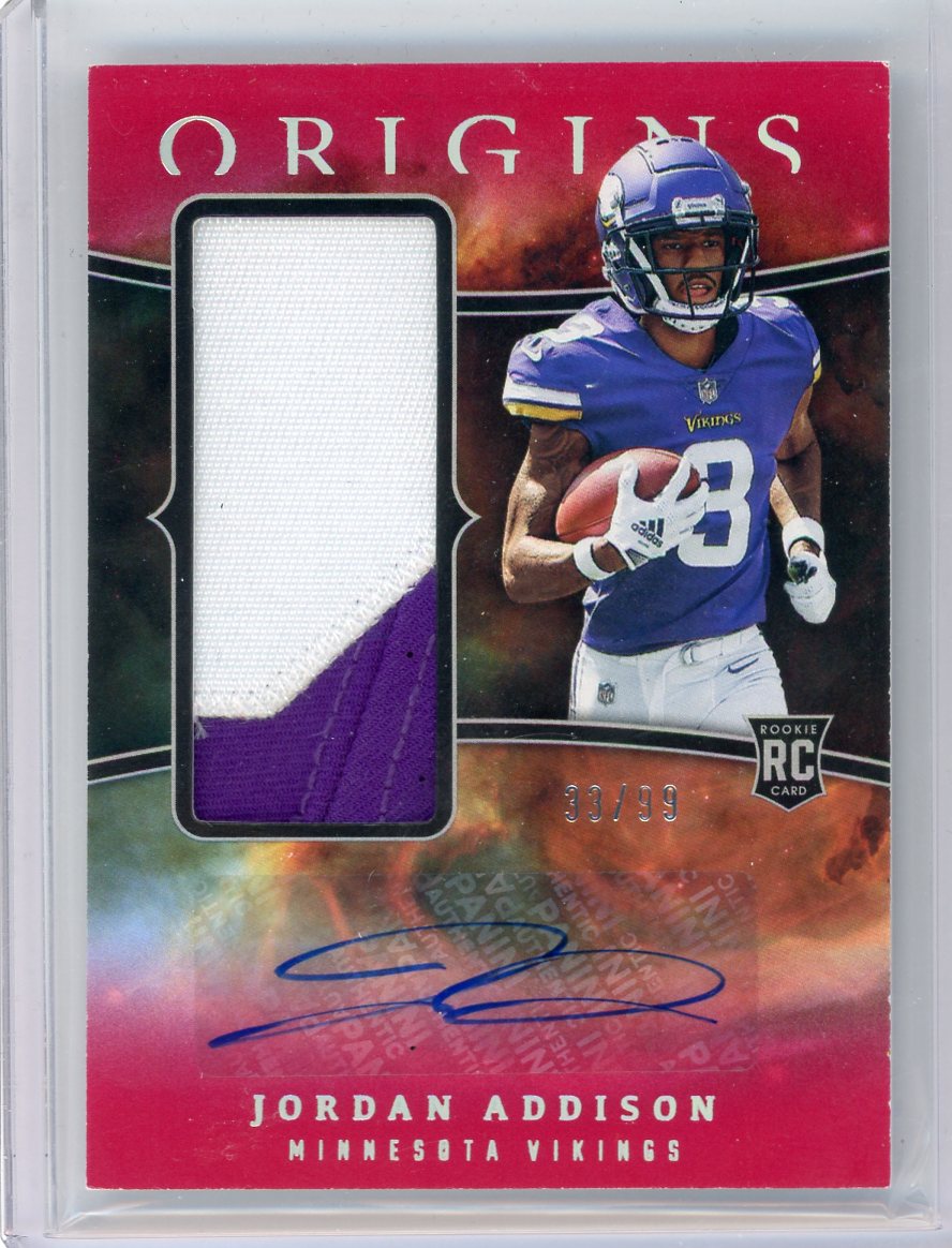 Jordan Addison 2023 Panini Origins Rookie Jumbo Jersey Auto Red #'d 33/99