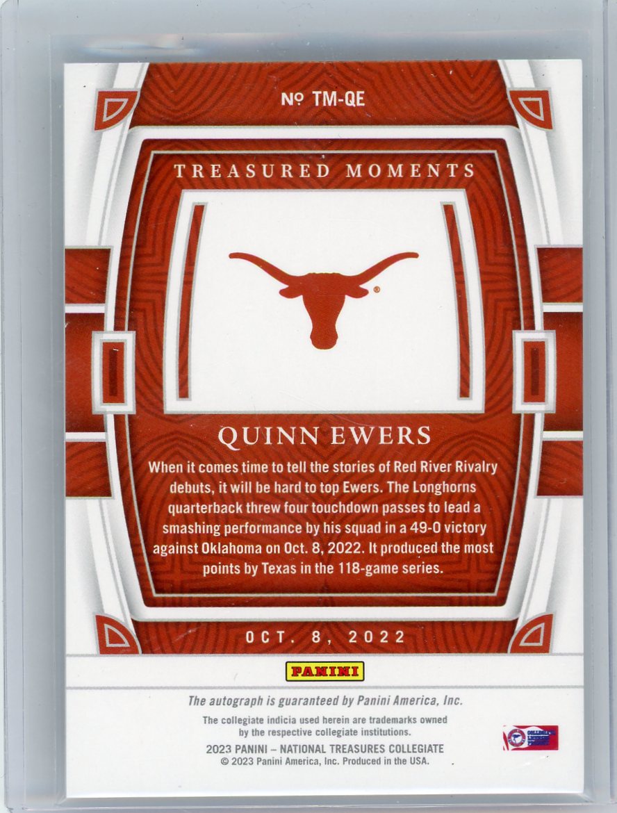 Quinn Ewers 2023 Panini National Treasures Collegiate Football Treasured Moments Auto Blue #'d 35/75