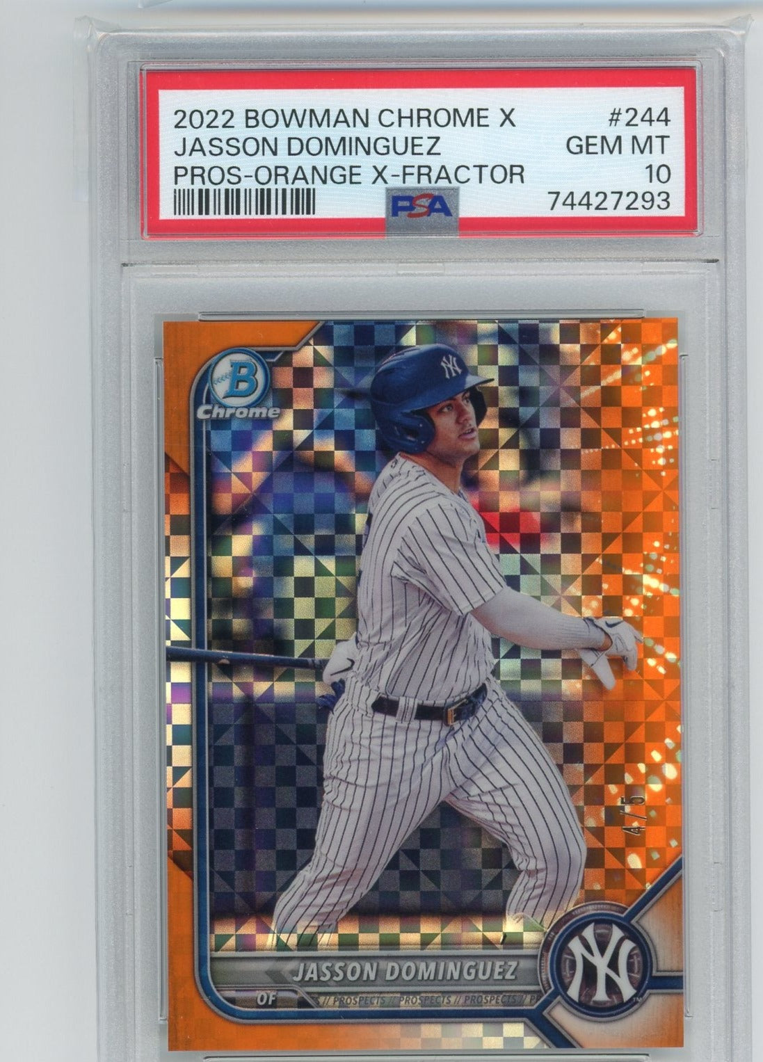 Jasson Dominguez 2022 Bowman Chrome X Orange X-fractor #'d 4/5 PSA 10