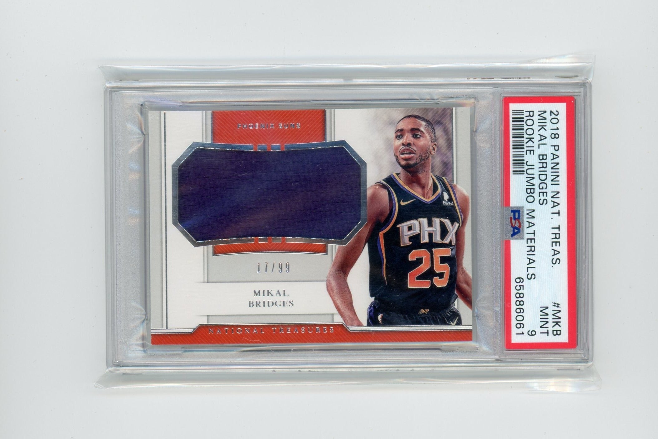 2018 Panini National Treasures Mikal Bridges rookie jumbo materials #'d 17/99 PSA 9 rookie card