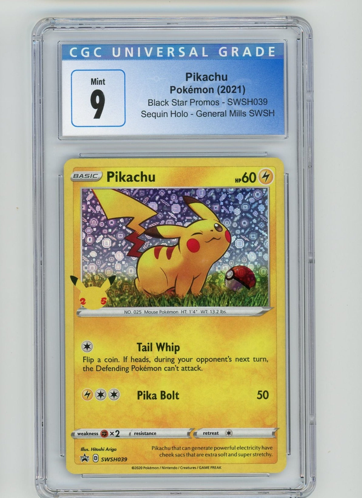 Pikachu 2021 Pokémon Black Star Promo Sequin holo (General Mills) CGC 9