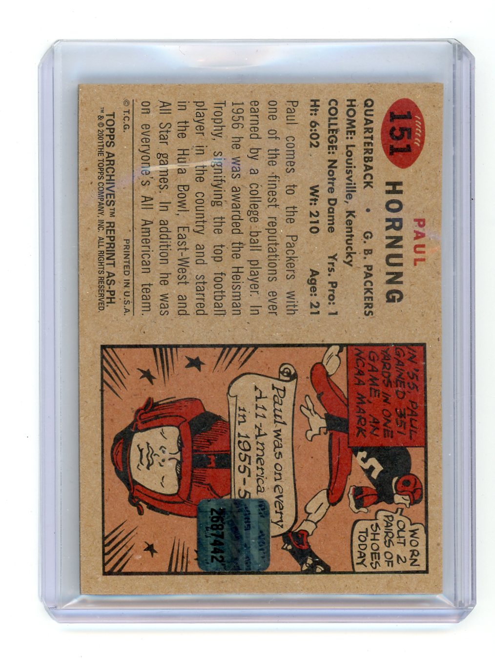 Paul Hornung 2001 Topps Archives Football Reprint Relic