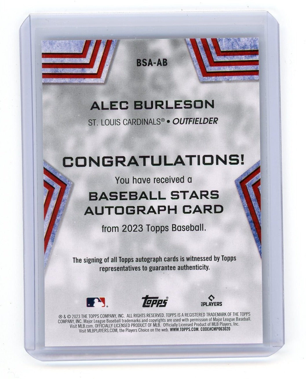 Alec Burleson 2023 Topps Baseball Stars autograph rookie card