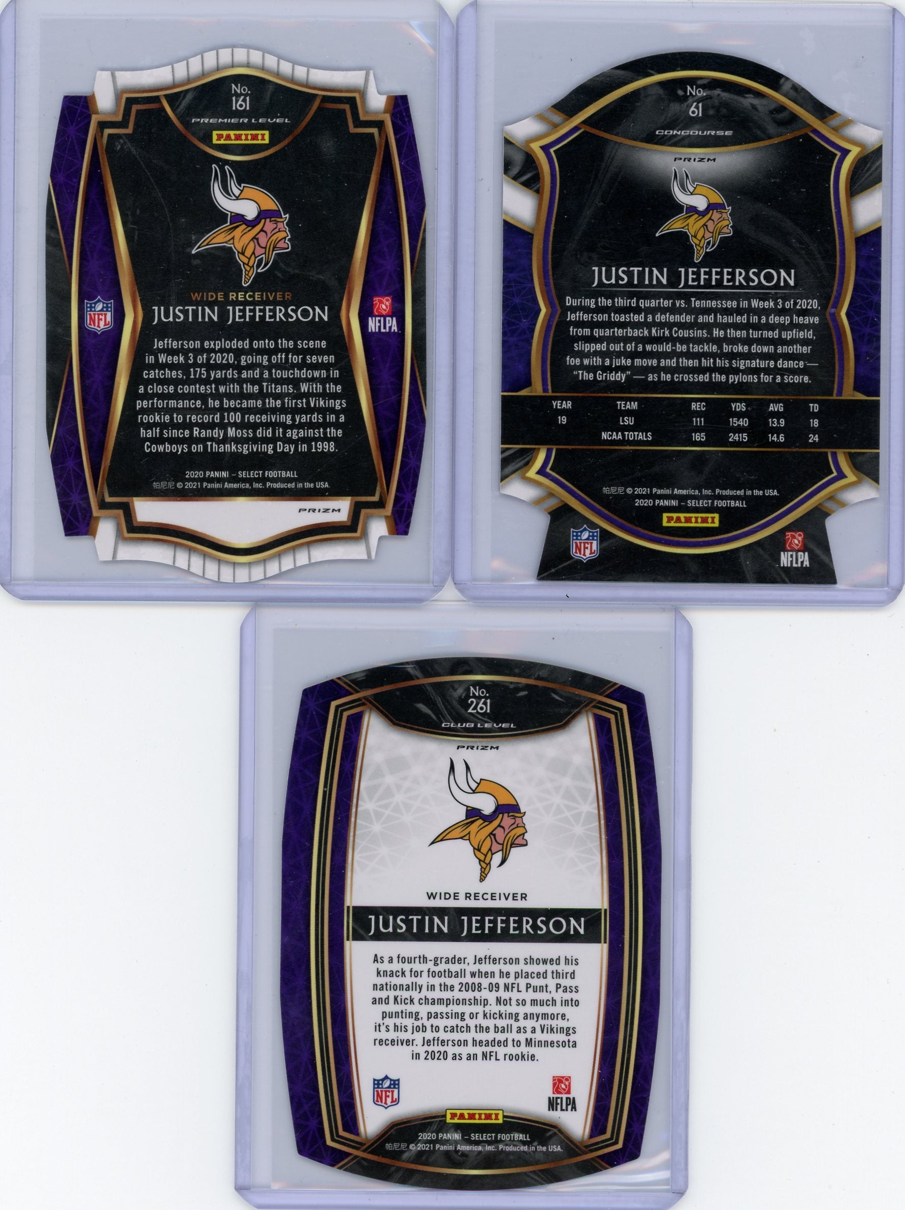 Justin Jefferson 2020 Panini Select die-cut purple prizm 3-card lot (Concourse, Premier, Club)