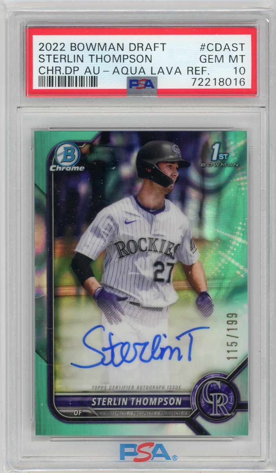 Sterlin Thompson 2022 1st Bowman Draft aqua lava refractor autograph #'d 115/199 PSA 10