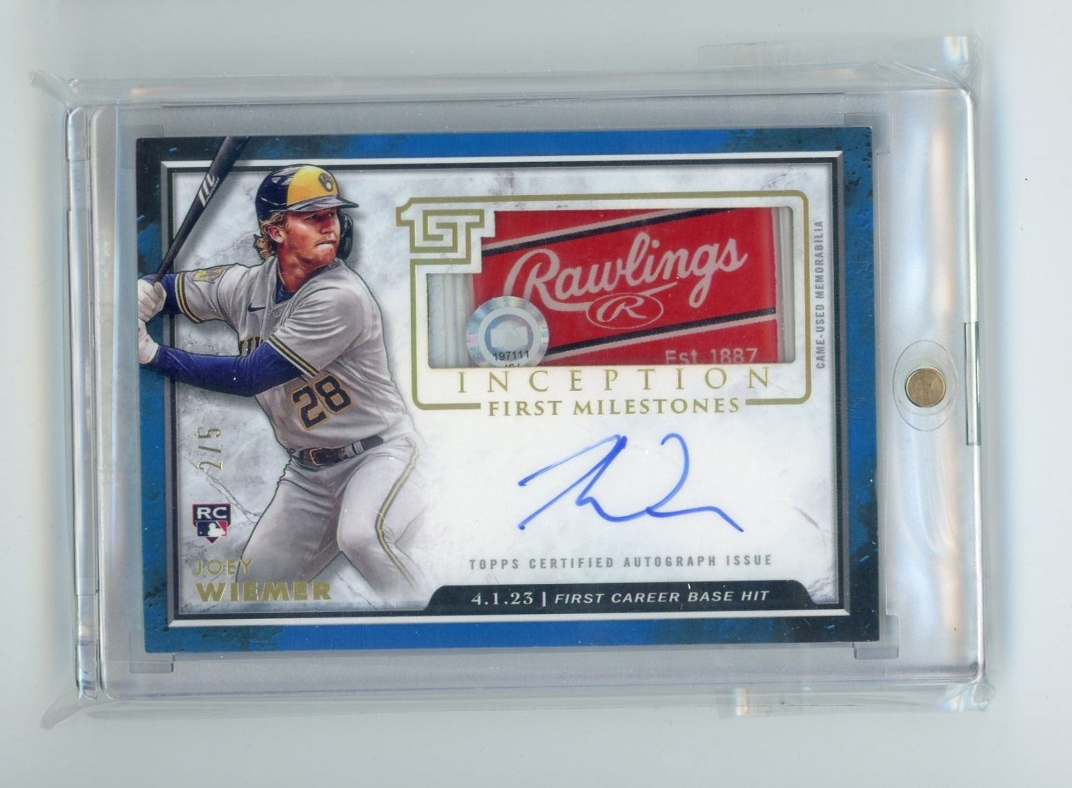 Joey Wiemer 2023 Topps Inception First Milestones base relic autograph rookie card #'d 2/5