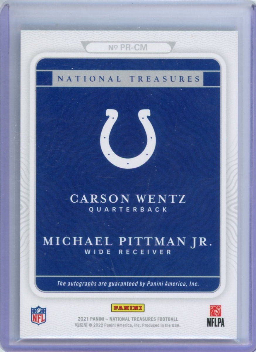 Carson Wentz Michael Pittman Jr. 2021 Panini National Treasures Prime Pairings dual auto #'d 24/49