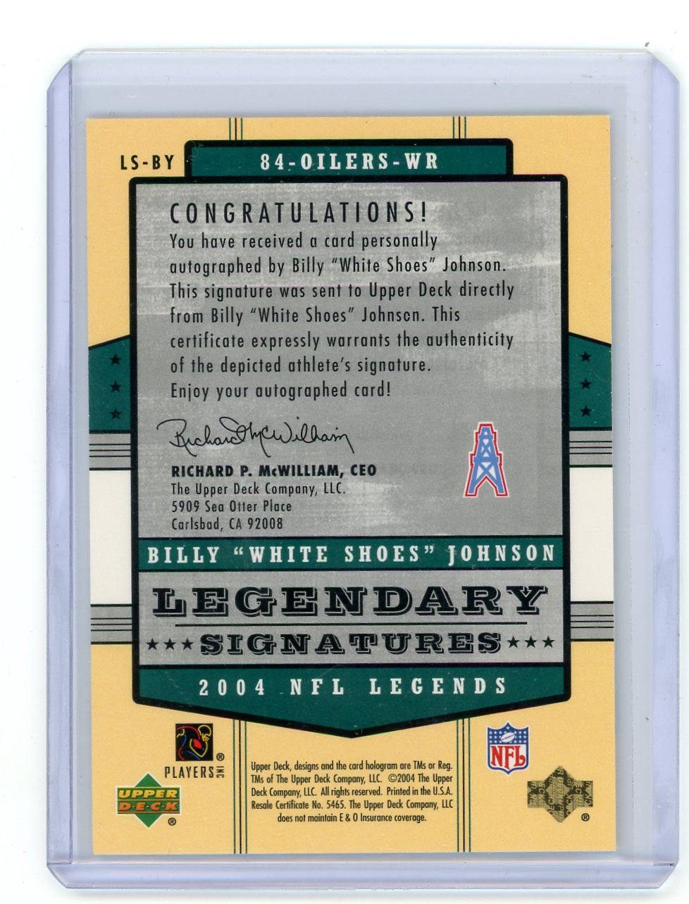 Billy "White Shoes" Johnson 2004 Upper Deck Legendary Signatures