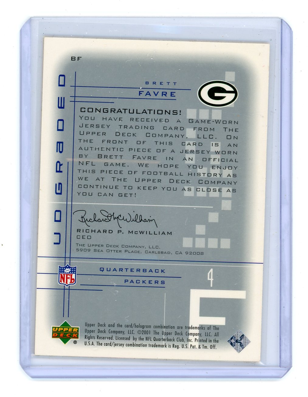 Brett Farve 2001 Upper Deck Graded Game Used Patch