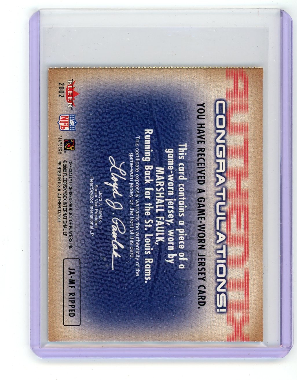 Marshall Faulk 2002 Fleer Authentic Football Jersey AuthenTix