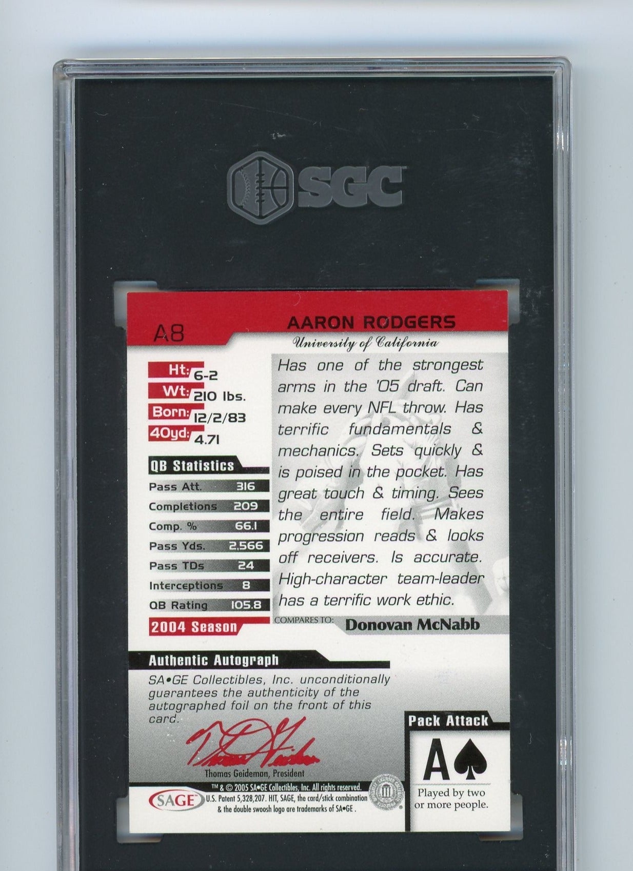 Aaron Rodgers 2005 SAGE HIT Auto Gold 140/250 SGC 8.5