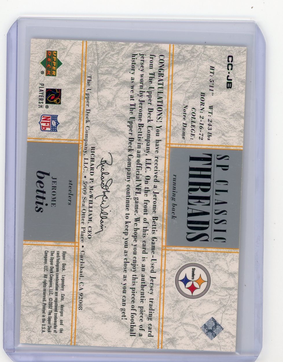 Jerome Bettis 2002 Upper Deck SP Legendary Cuts Classic Threads #'d 159/350