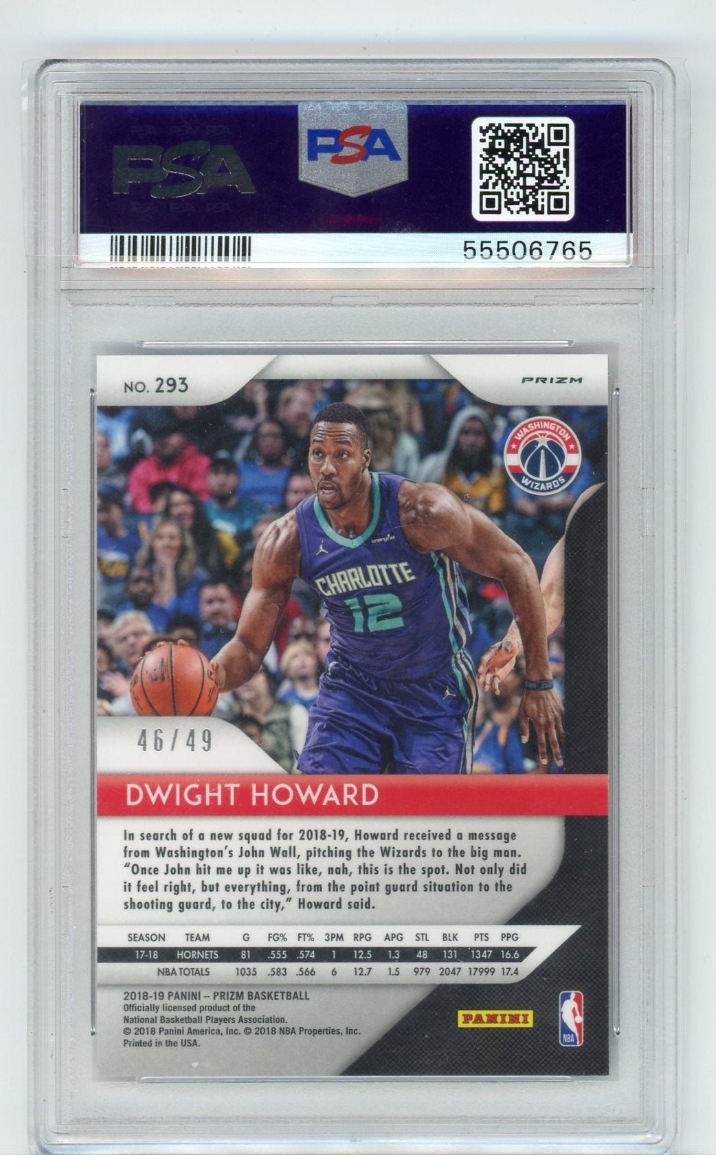 Dwight Howard 2018 Prizm Orange Prizm #'d 46/49 PSA 10