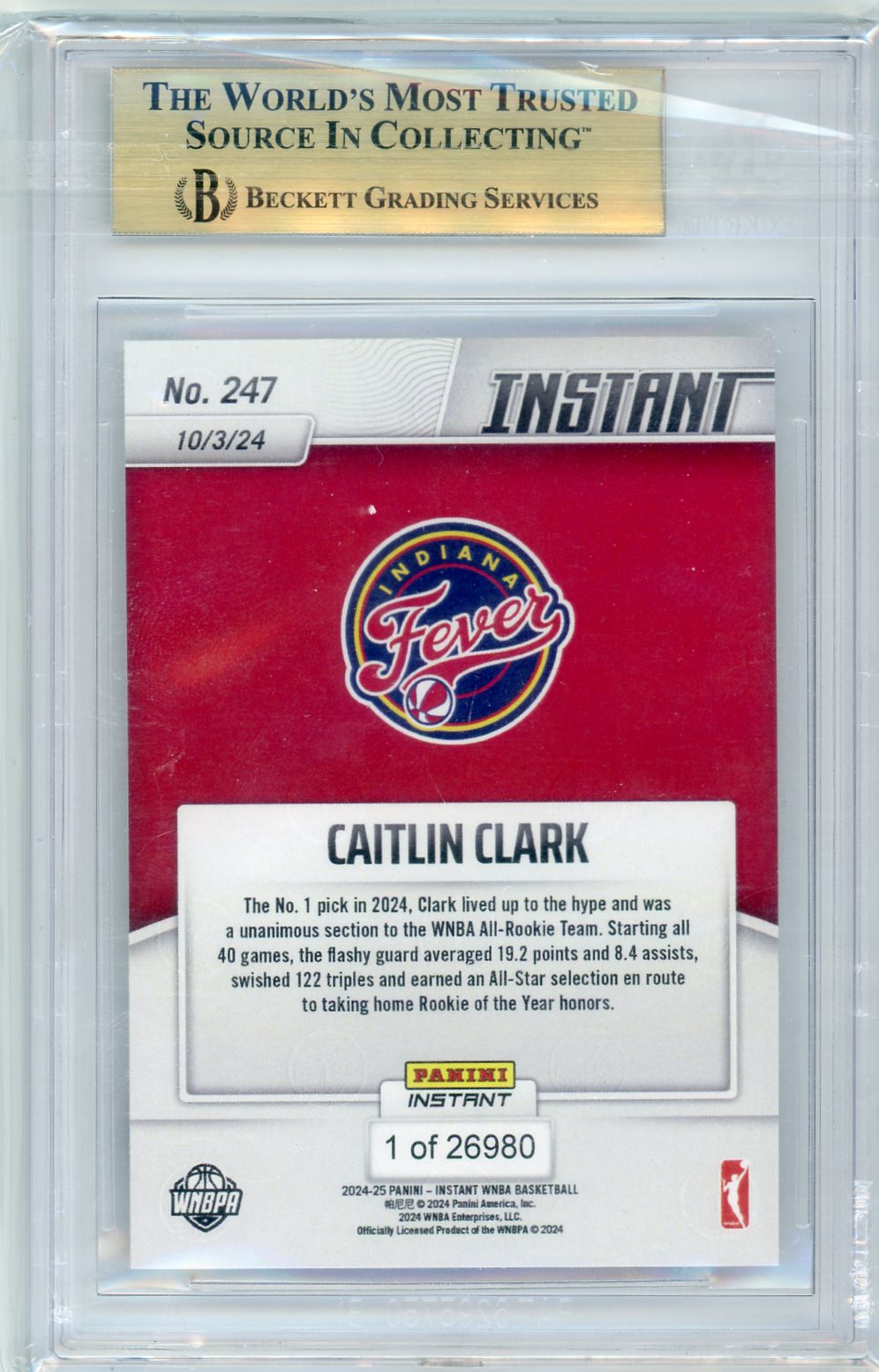 Caitlin Clark 2024 Panini Instant #247 "All Rookie Team" /26980 BGS 10 RC