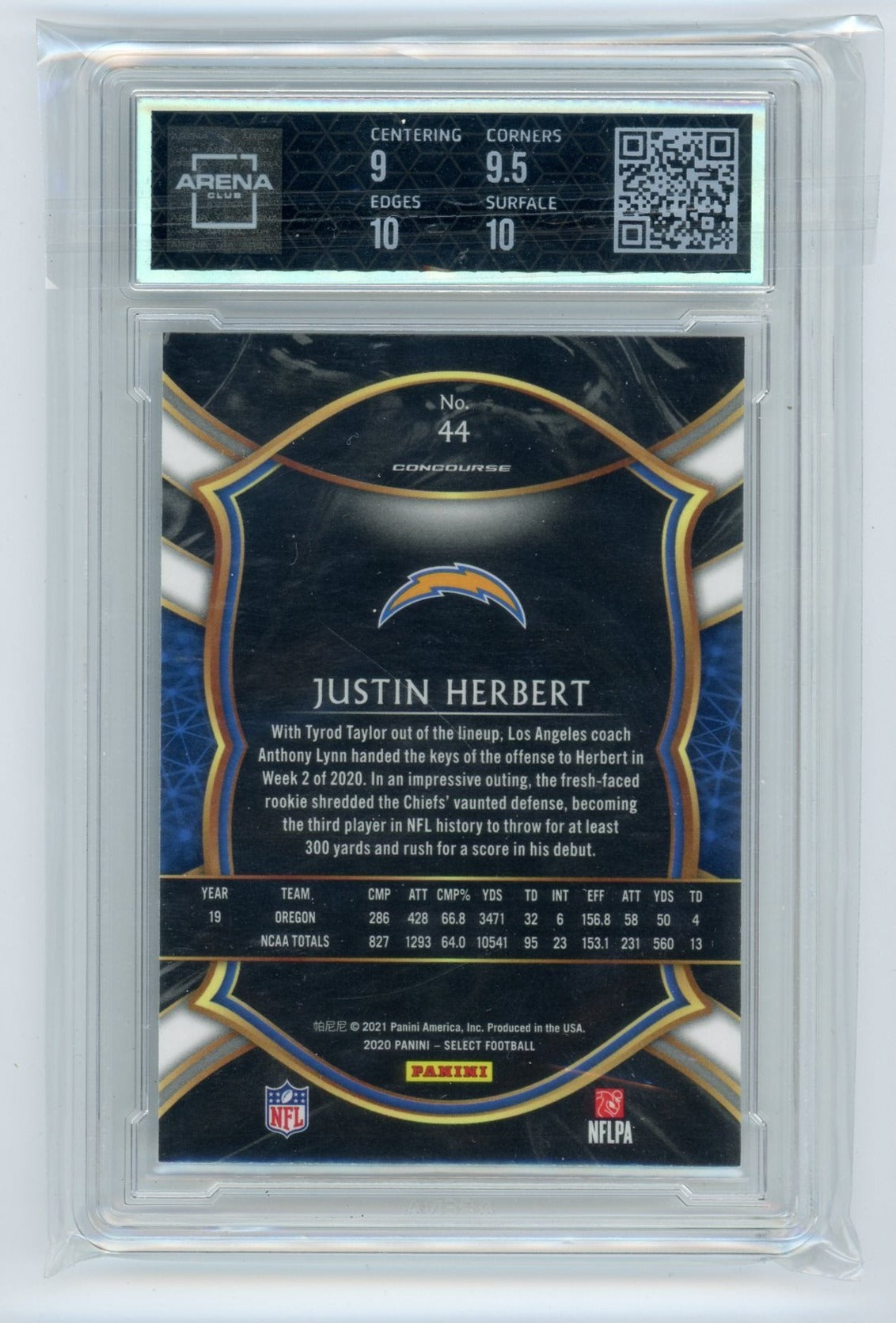 Justin Herbert 2020 Panini Select concourse #44 rookie card ARENA 9.5