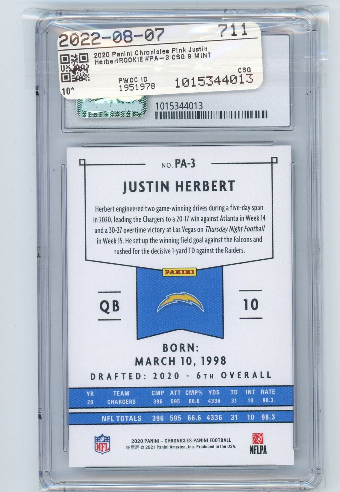 Justin Herbert 2020 Panini Chronicles pink rookie card CSG 9