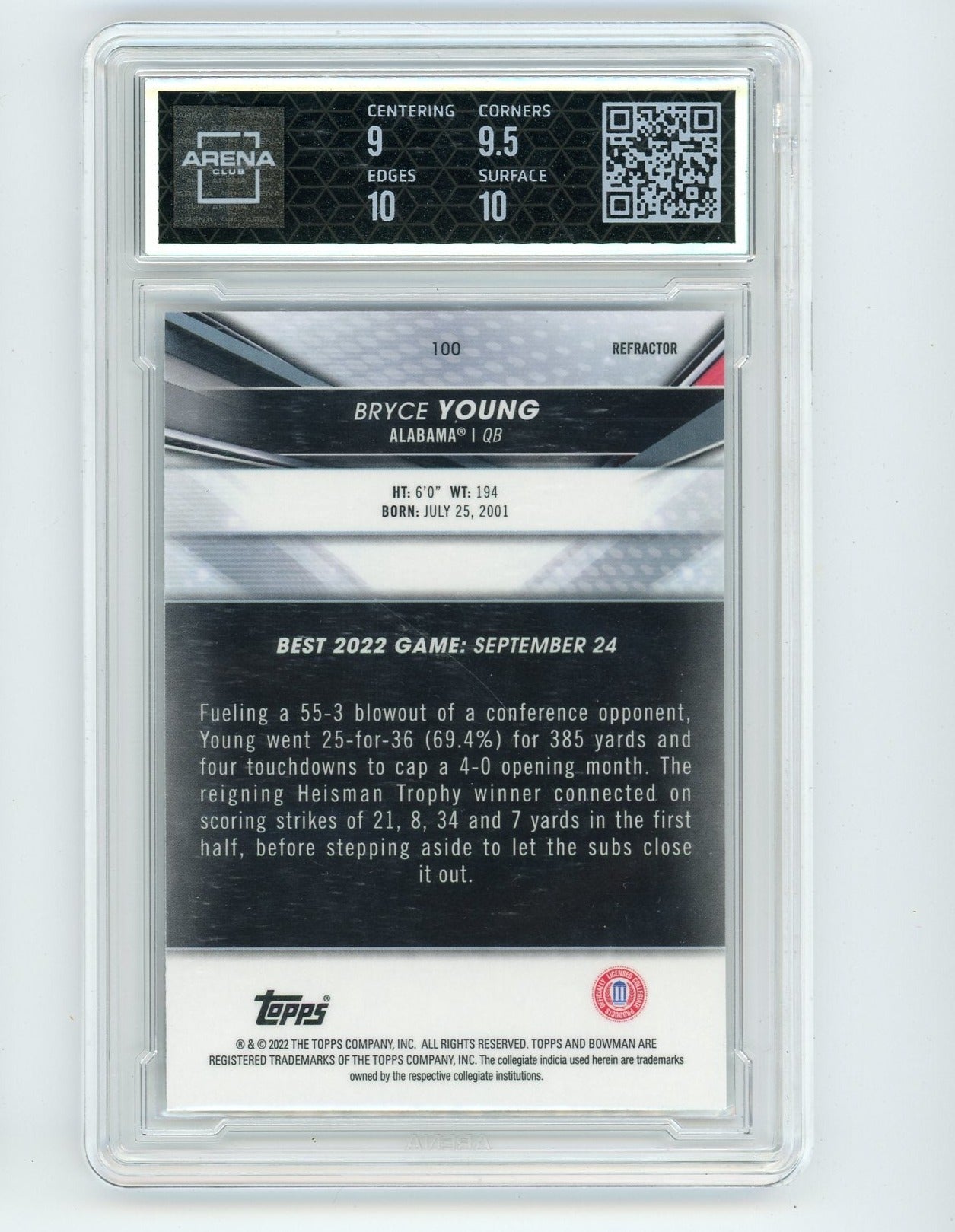 Bryce Young 2022-23 Bowman's Best University refractor ARENA 9.5