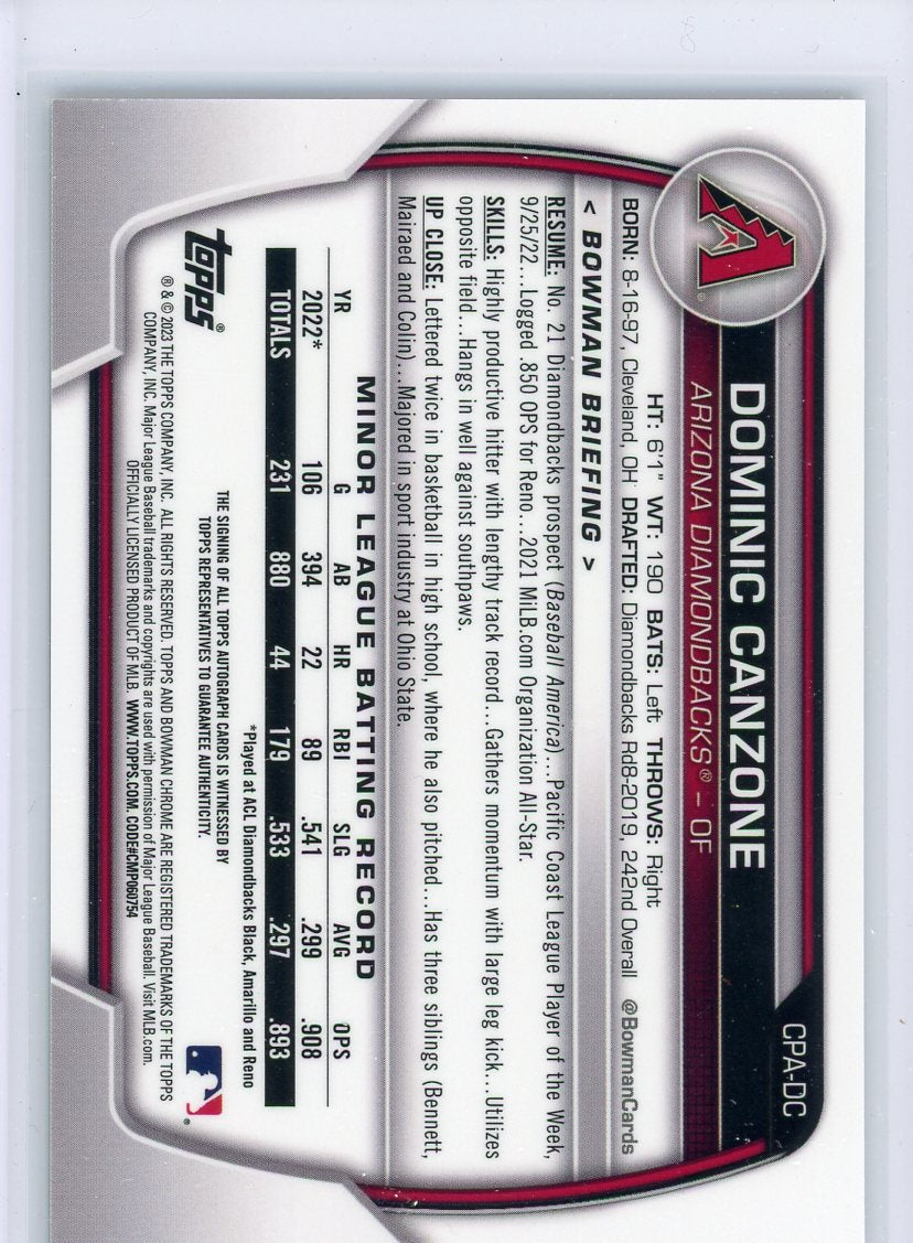 Dominic Canzone 2023 1st Bowman Green Refractor autograph #'d 23/99