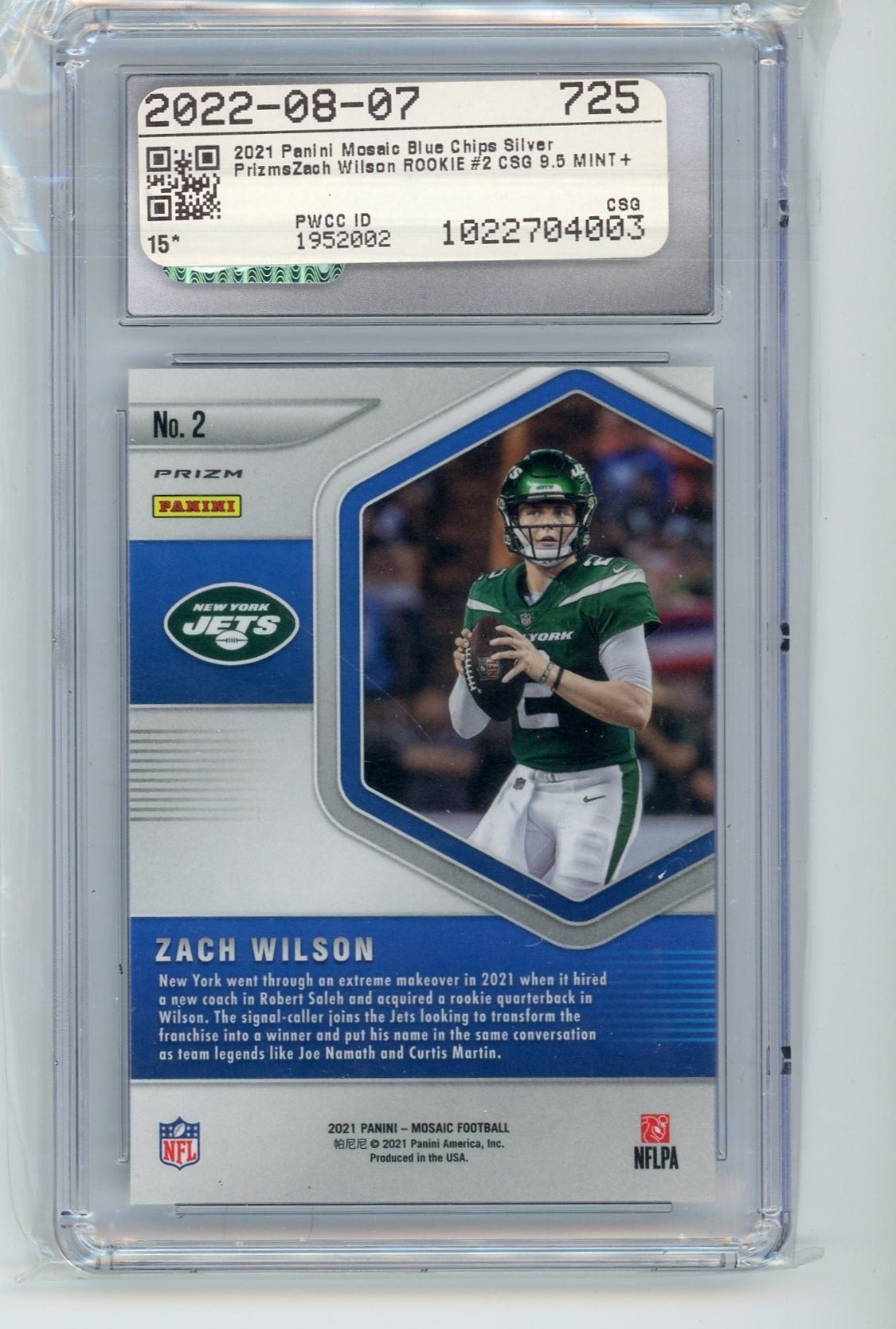 Zach Wilson 2021 Panini Mosaic Blue Chips silver prizm rookie card CSG 9.5