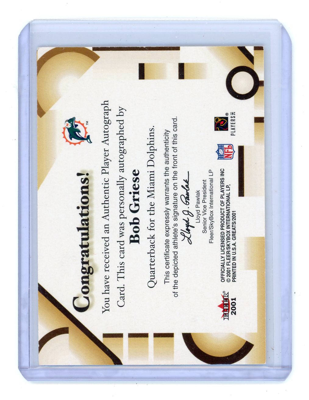 Bob Griese 2001 Fleer Greats of the Game Autograph