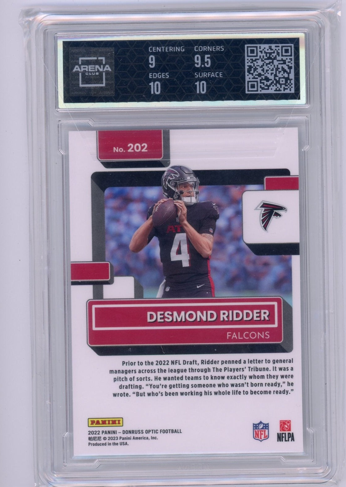 Desmond Ridder 2022 Panini Donruss Optic rookie card ARENA 9.5