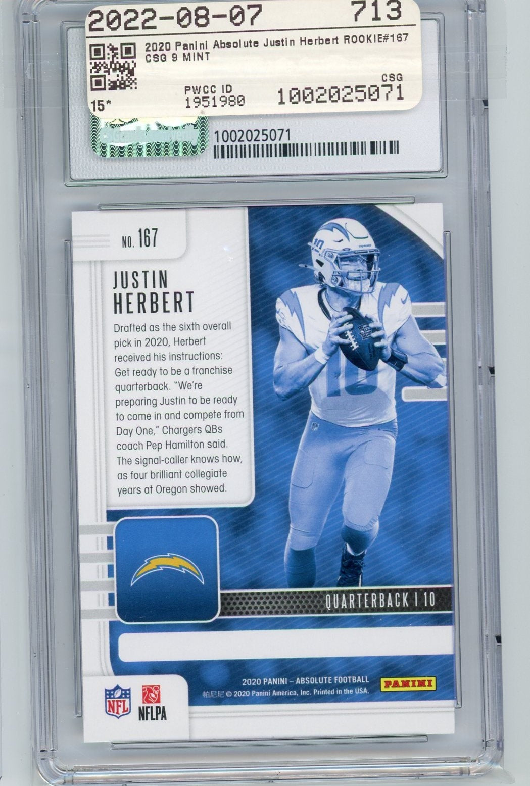 Justin Herbert 2020 Panini Absolute rookie card CSG 9